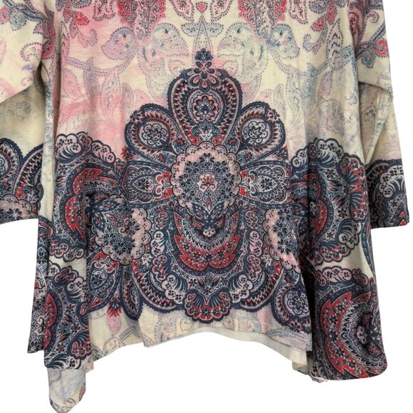 One World Paisley Print Tunic Top Sz XL Beaded 3/4 Sleeves Asymmetrical Hem - Picture 9 of 11